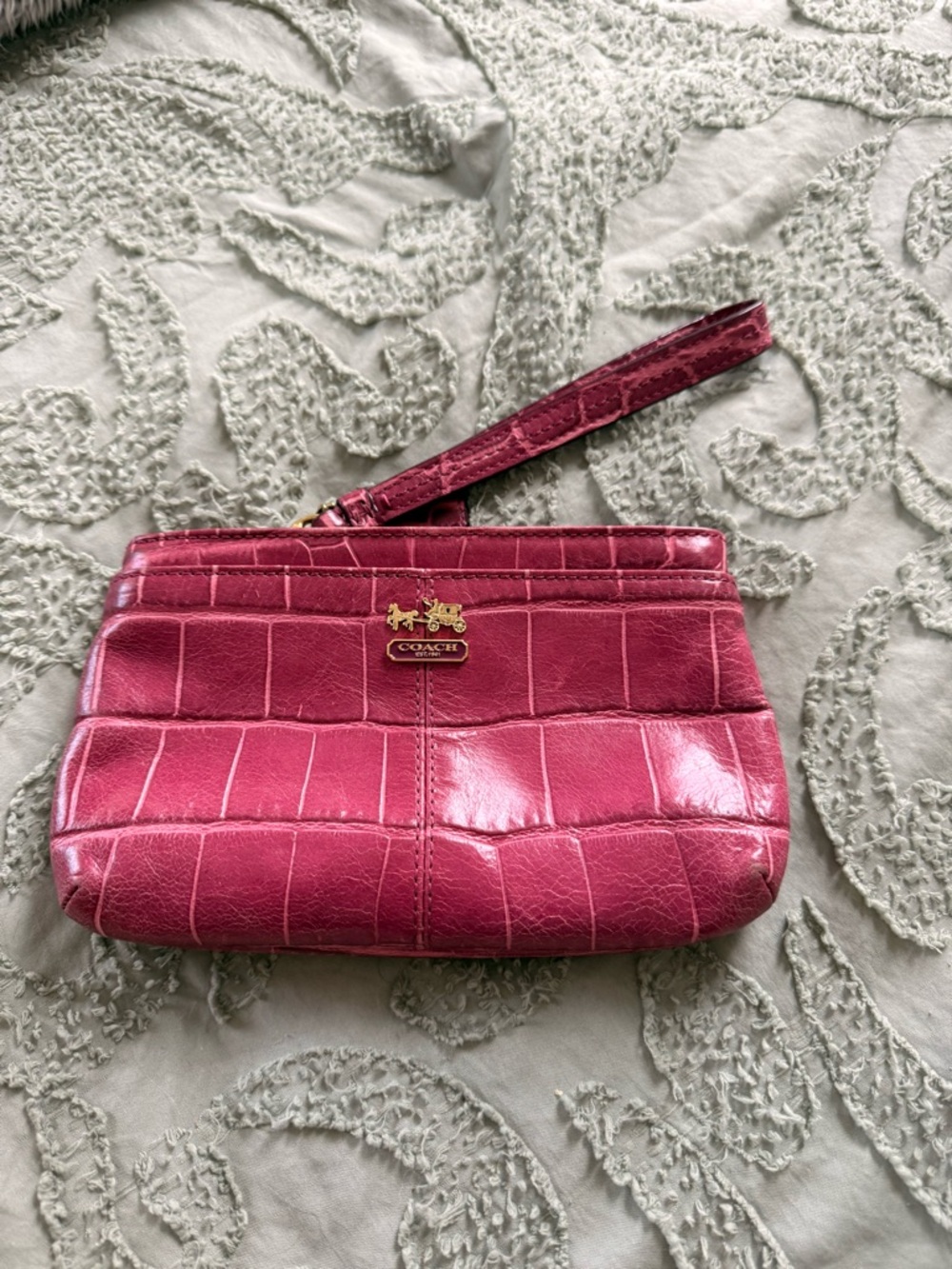 Coach Glossy Croc-Embossed Pink Leather Wristlet with Gold Logo